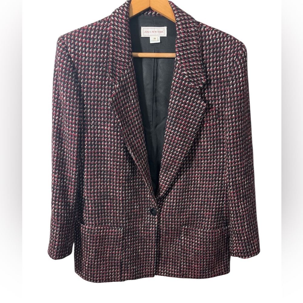 Vintage Jones New York Houndstooth blazer Wool Red Black size 12 career 80s 90s